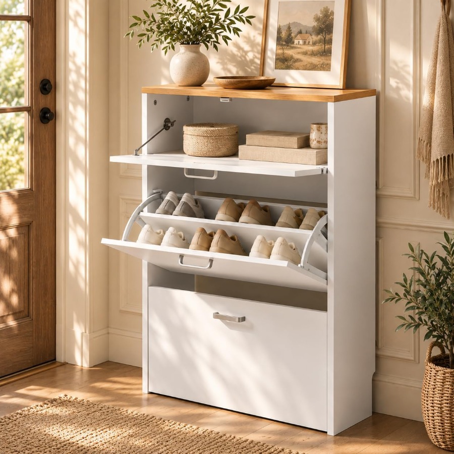 Shoe Rack Cabinet Narrow Entryway - Shoe Cabinet Storage for Entryway, White