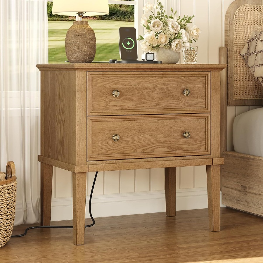 Solid Wood Nightstand 2 Drawers - Solid Wood Nightstand with Charging Station,