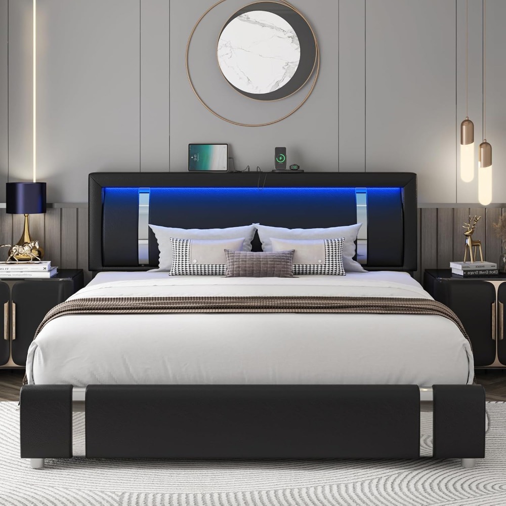Canopy Bed Frame Metal Queen - Queen Size Modern Upholstered Faux Leather