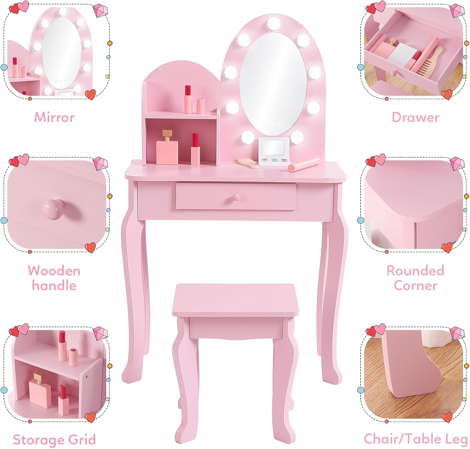 Princess Style Kids Vanity Set - Dressing Table Vanity With Lighted Mirror review and price