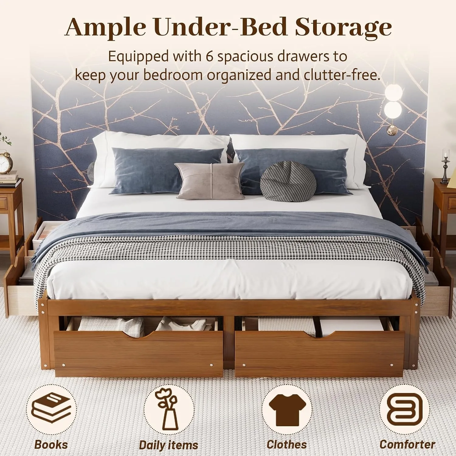 Minimalist Pine Wood Platform  - King Size Bed Frame With Storage Drawers review and price